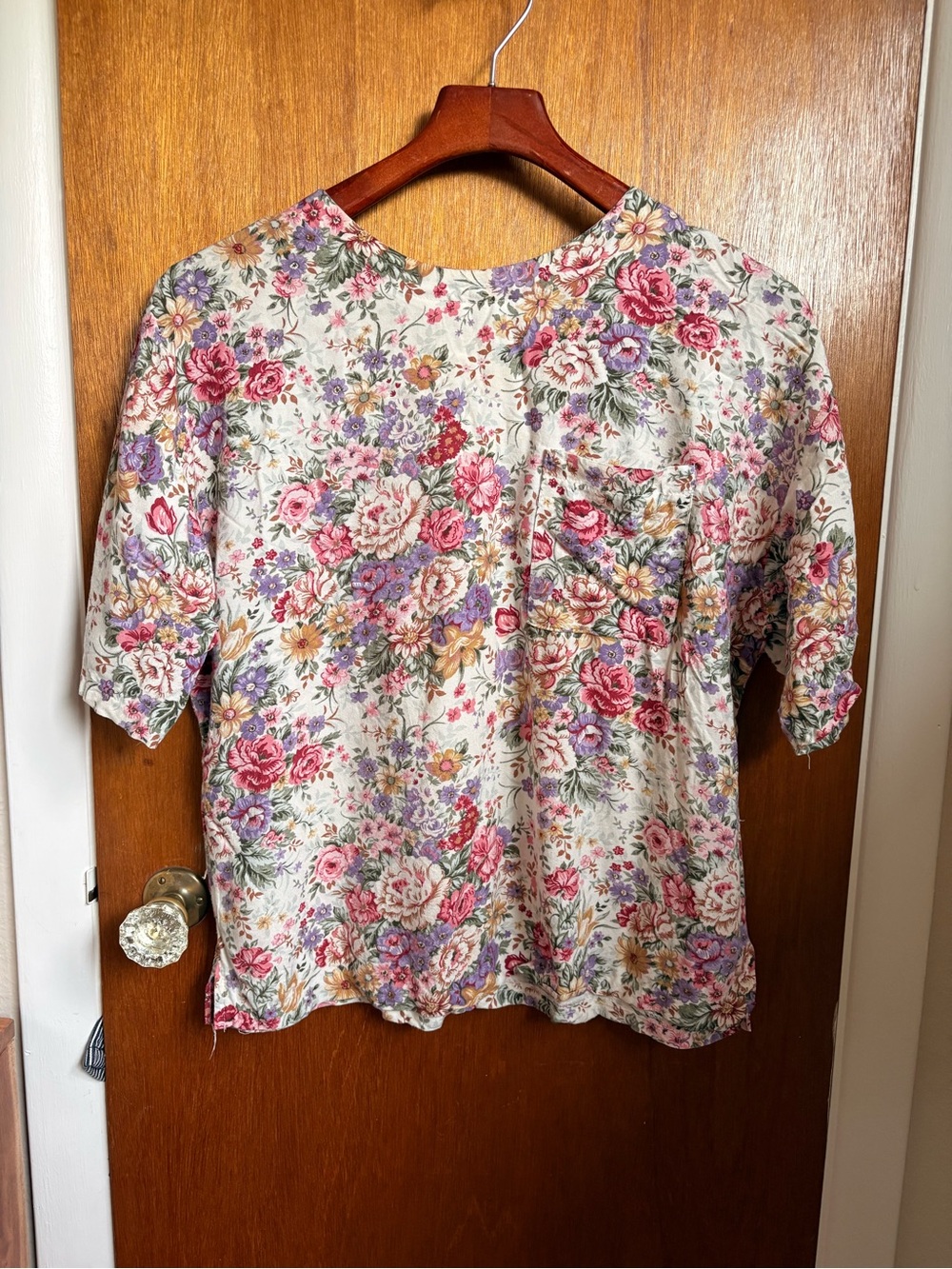 Vintage Floral Short-Sleeve Blouse with drapey fabric